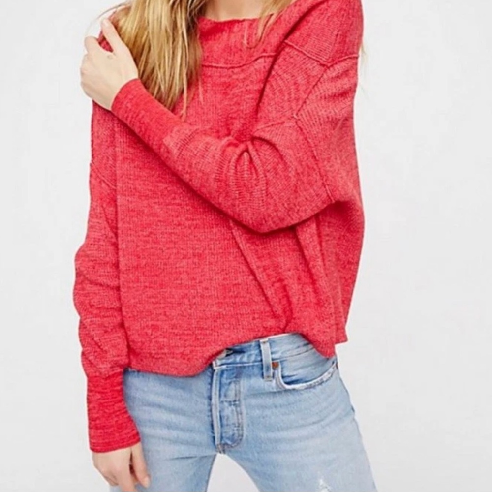 Free People Red Scoop Neck Knit Sweater